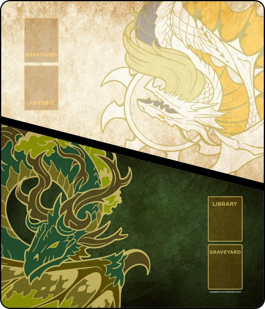 GamerMats Playmat - Green White Dragon 2-Player XL Playmat (Magic Compatible) - Playmats Sealed