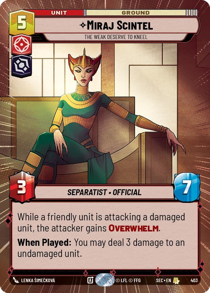 Image for Miraj Scintel - The Weak Deserve to Kneel (Hyperspace) (403) (Secrets of Power) - Star Wars: Unlimited