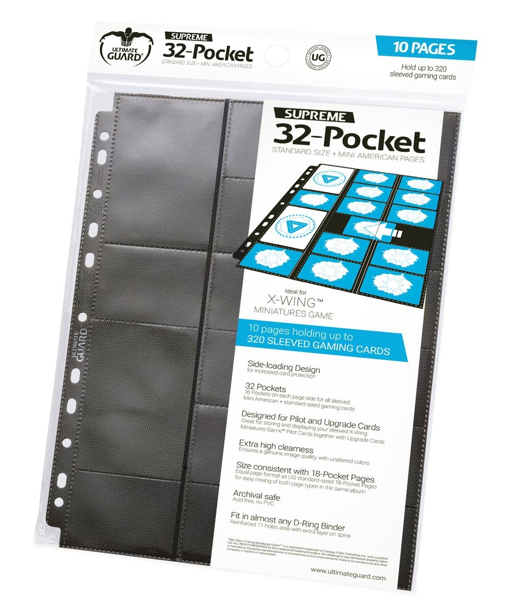 Double-Sided Side-Loading Standard & Mini-American 16-Pocket Pages - 11-Holes Black (10-Pack) [ULTIMATEGU] - Protective