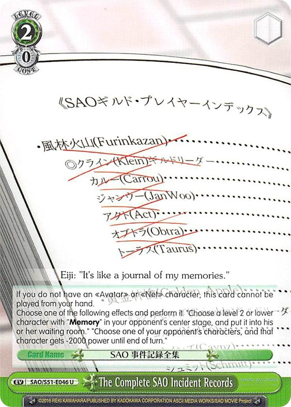 The Complete SAO Incident Records (51046) [SAO/S51] - Weiss Schwarz Single
