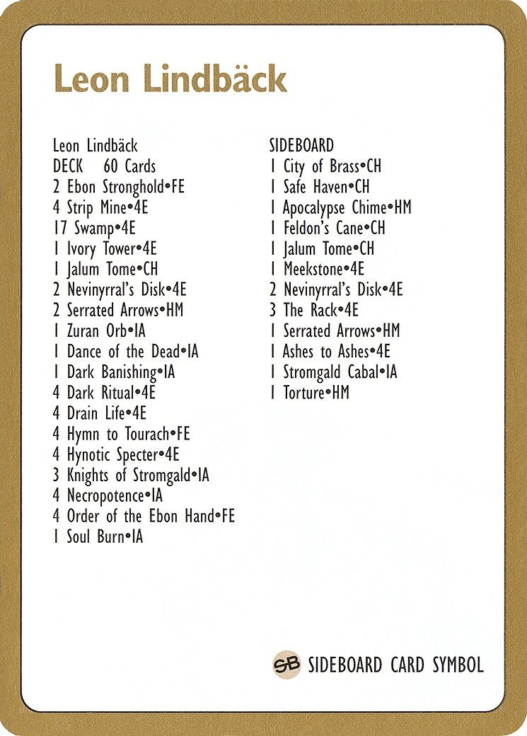 1996 Leon Lindback Decklist Card [WCD] - MTG Single