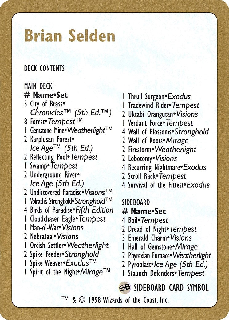 1998 Brian Selden Decklist Card [WCD] - MTG Single