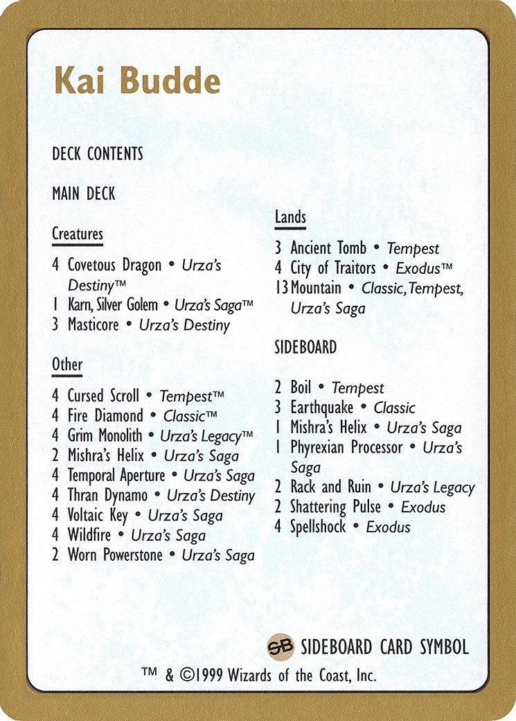 1999 Kai Budde Decklist Card [WCD] - MTG Single