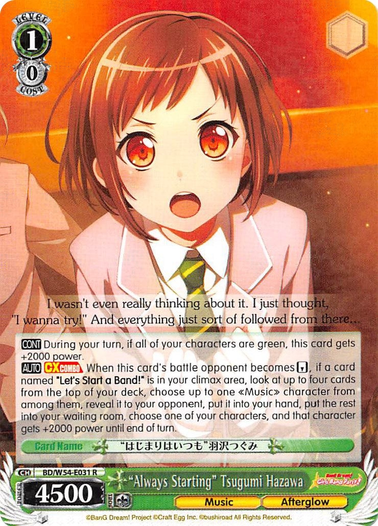 ’Always Starting’ Tsugumi Hazawa (54031) [BD/W54] - Weiss Schwarz Single