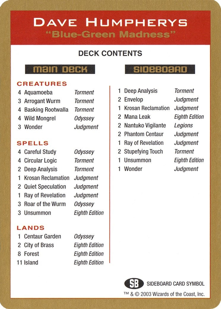 2003 Dave Humpherys Decklist Card [WCD] - MTG Single