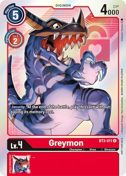 Greymon - BT3-011 (Box Topper) (3011) [BT01-03] - Digimon Card Game Single
