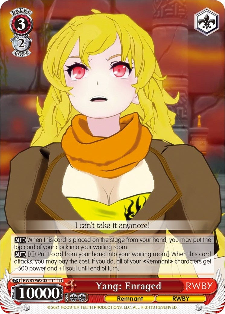Yang: Enraged (311) [RWBY/WX03] - Weiss Schwarz Single