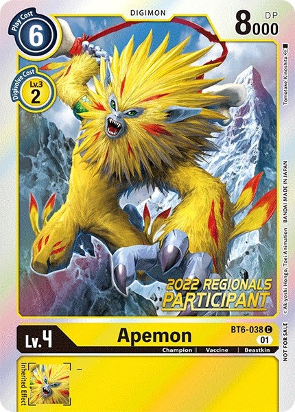 Apemon (2022 Championship Online Regional) [Online Participant] (6038) [BT06] - Digimon Card Game Single