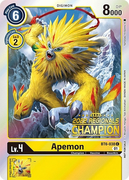 Apemon (2022 Championship Online Regional) [Online Champion] (6038) [BT06] - Digimon Card Game Single