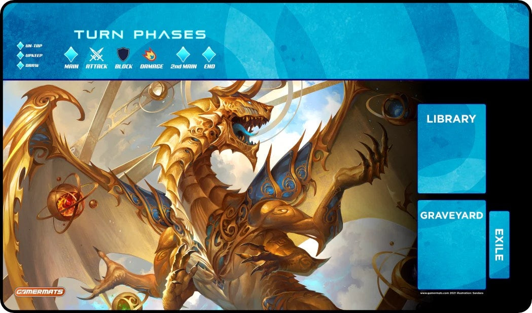 GamerMats Playmat - Elder Artifact Dragon with Magic Compatible Zones (Premium White Stitched) - Playmats Sealed
