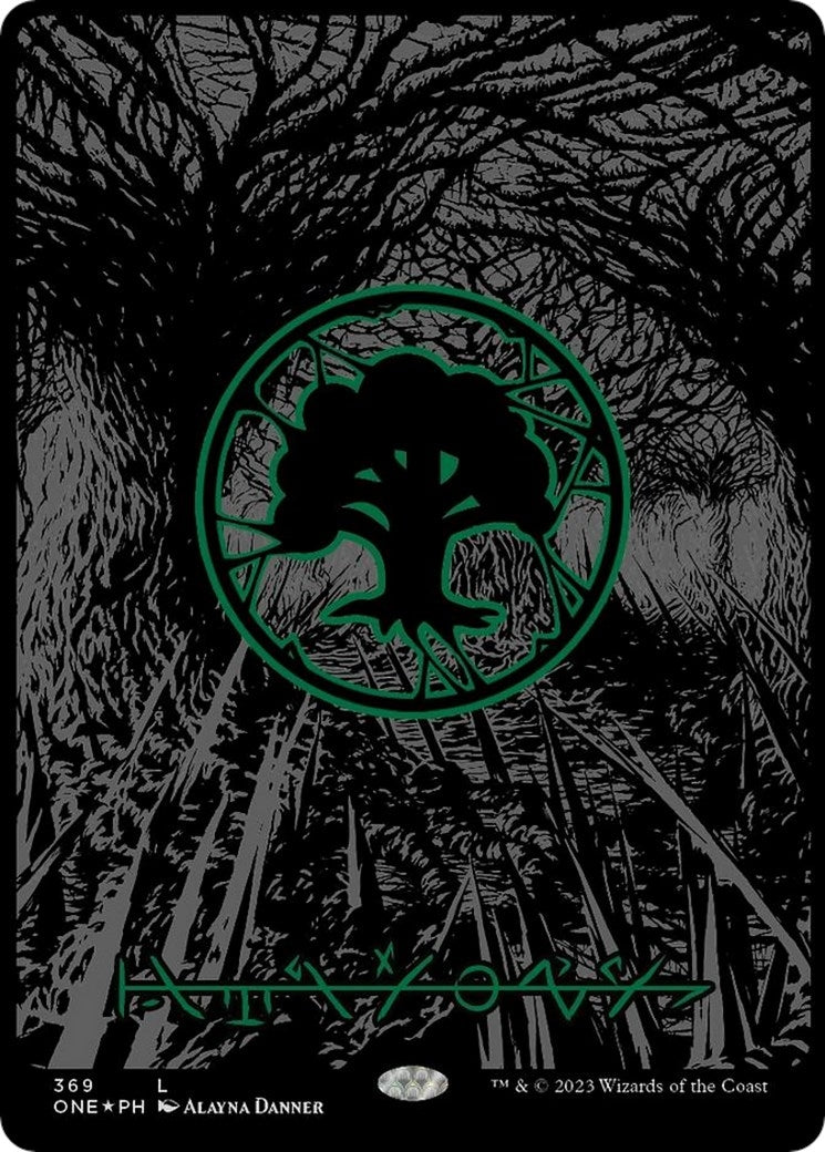 Forest (Phyrexian) - Full Art (Oil Slick Raised Foil) (369) [ONE] - MTG Single