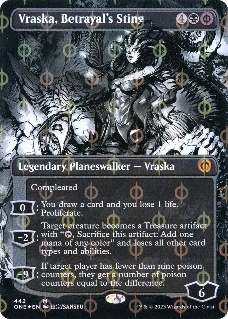 Vraska Betrayal’s Sting (Borderless) (Step-and-Compleat Foil) (442) [ONE] - MTG Single