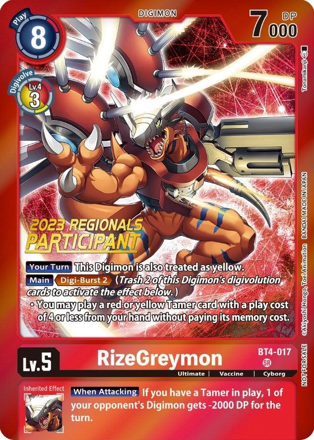 RizeGreymon (2023 Regionals Participant) (4017) [BT04] - Digimon Card Game Single