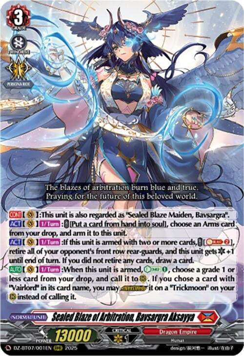 Image for Sealed Blaze of Arbitration, Bavsargra Aksayya (DZ-BT07/001EN) [DZ-BT07: Moon Fangs & Cerulean Blaze] - Cardfight Vanguard